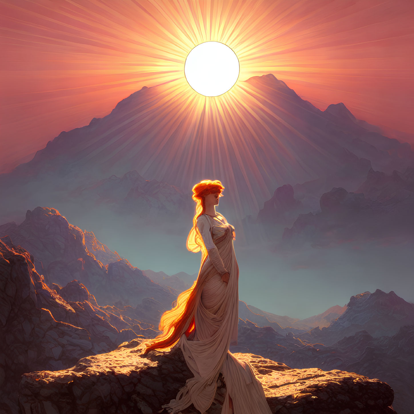 Woman in flowing dress on mountain peak at sunrise
