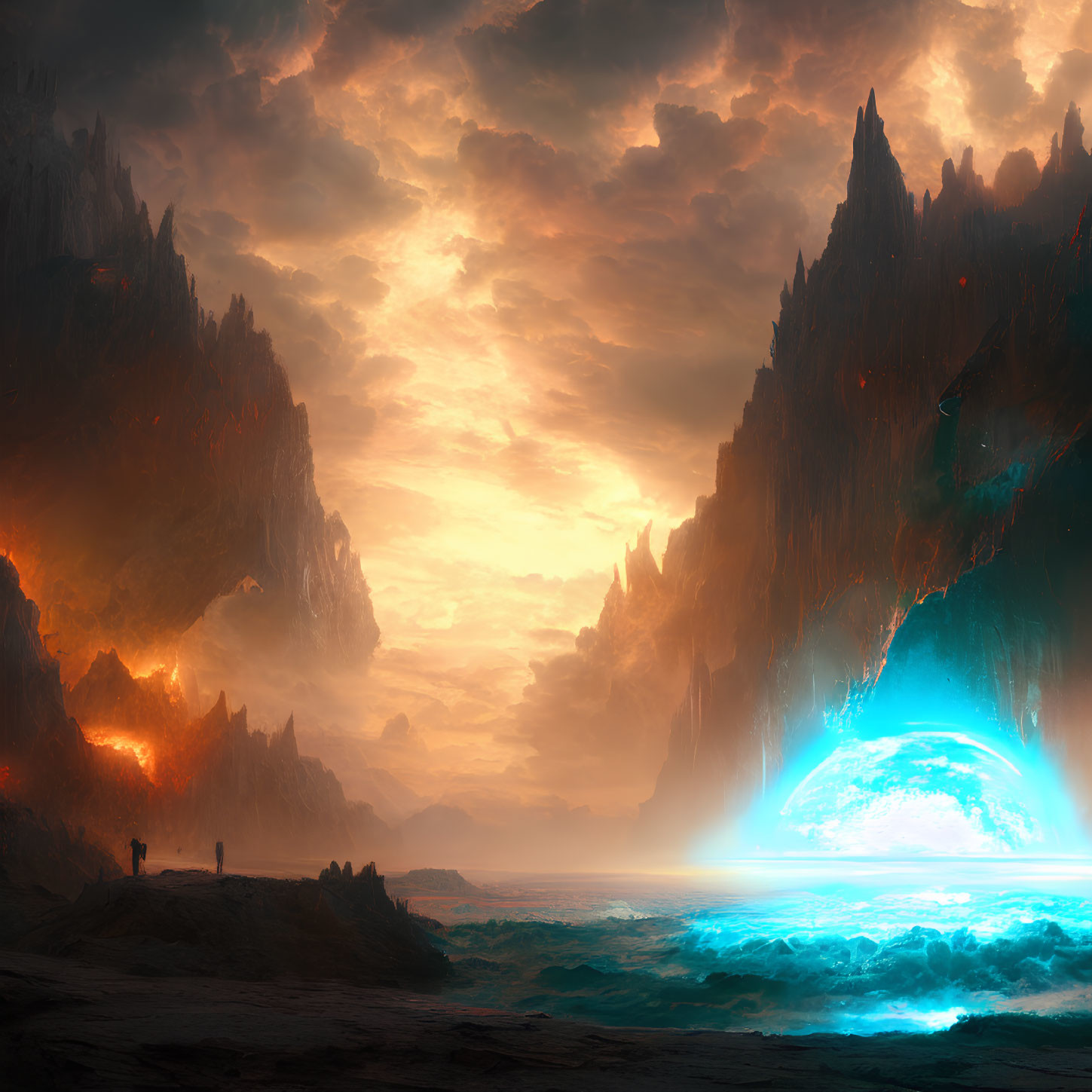 Majestic cliffs, glowing sunset, portal on water, figures in silhouette