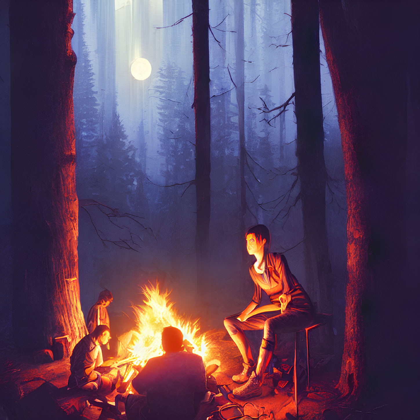 Nighttime forest scene with individuals by campfire under full moon