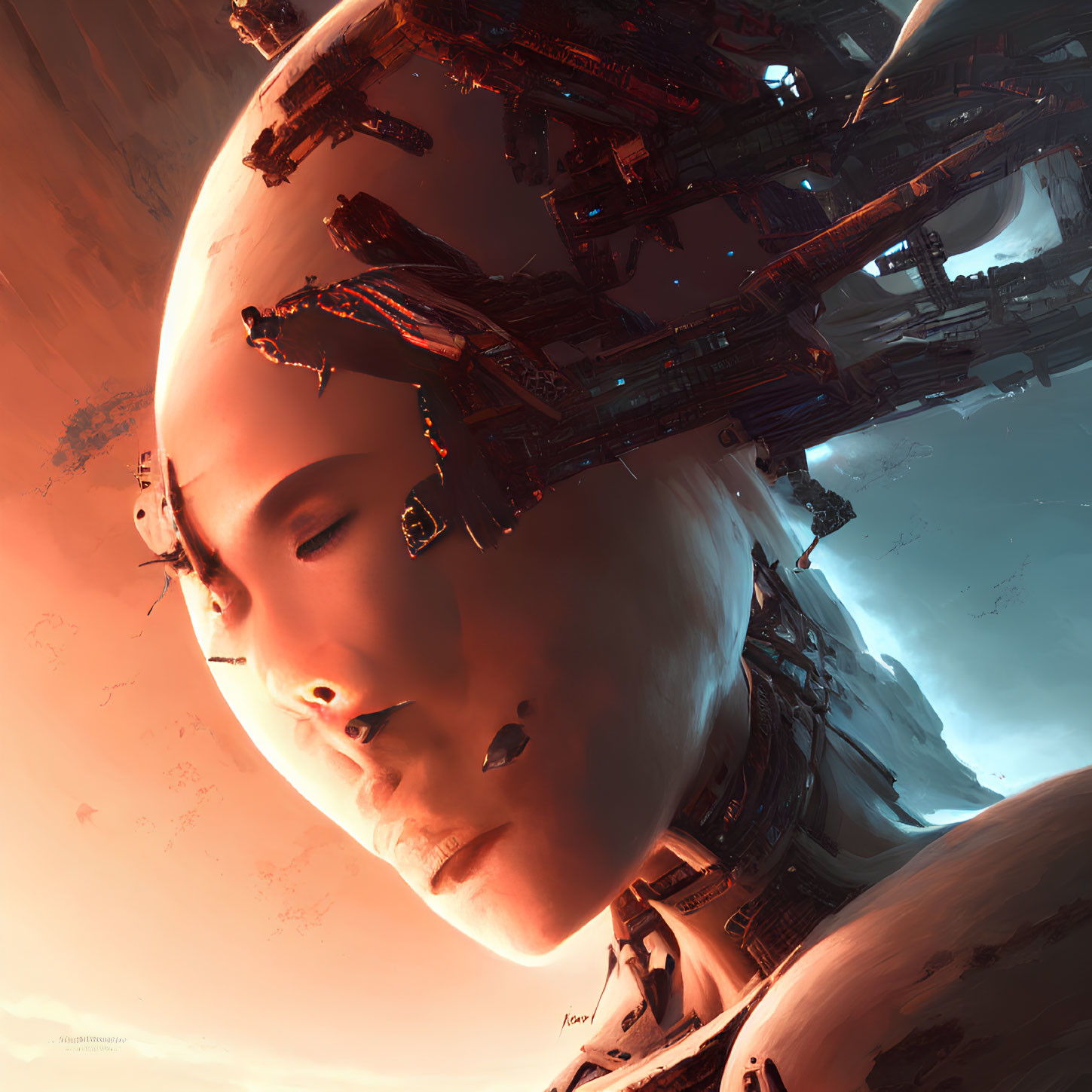 Surreal sci-fi artwork: giant humanoid face merged with mechanical structures
