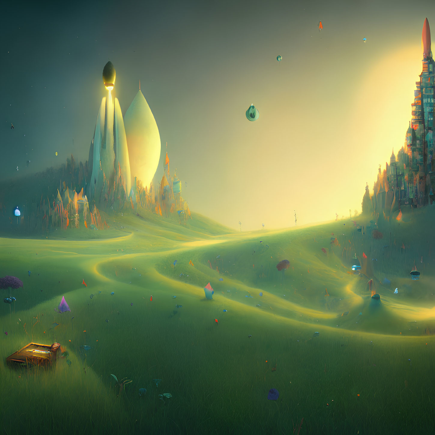 Golden fantasy landscape with futuristic buildings and floating islands