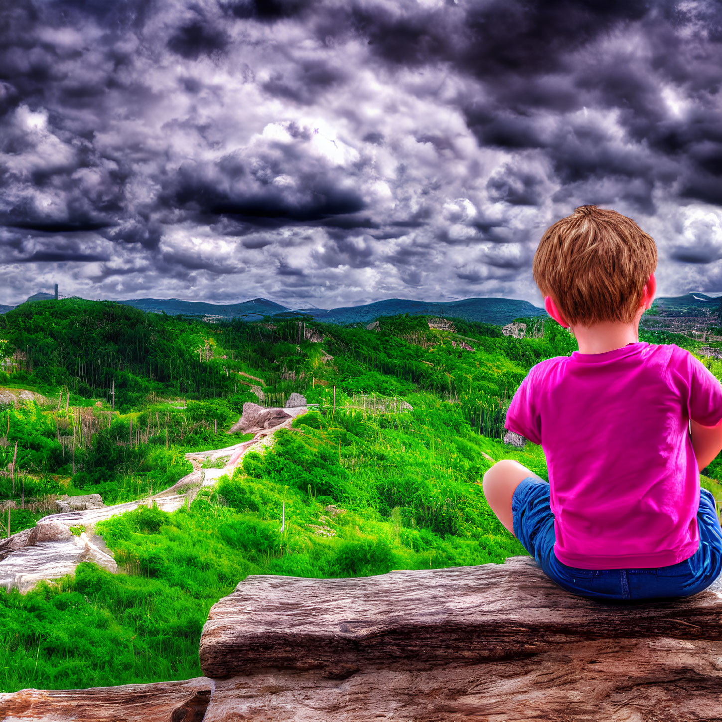 Child admiring scenic landscape with forests and dramatic sky
