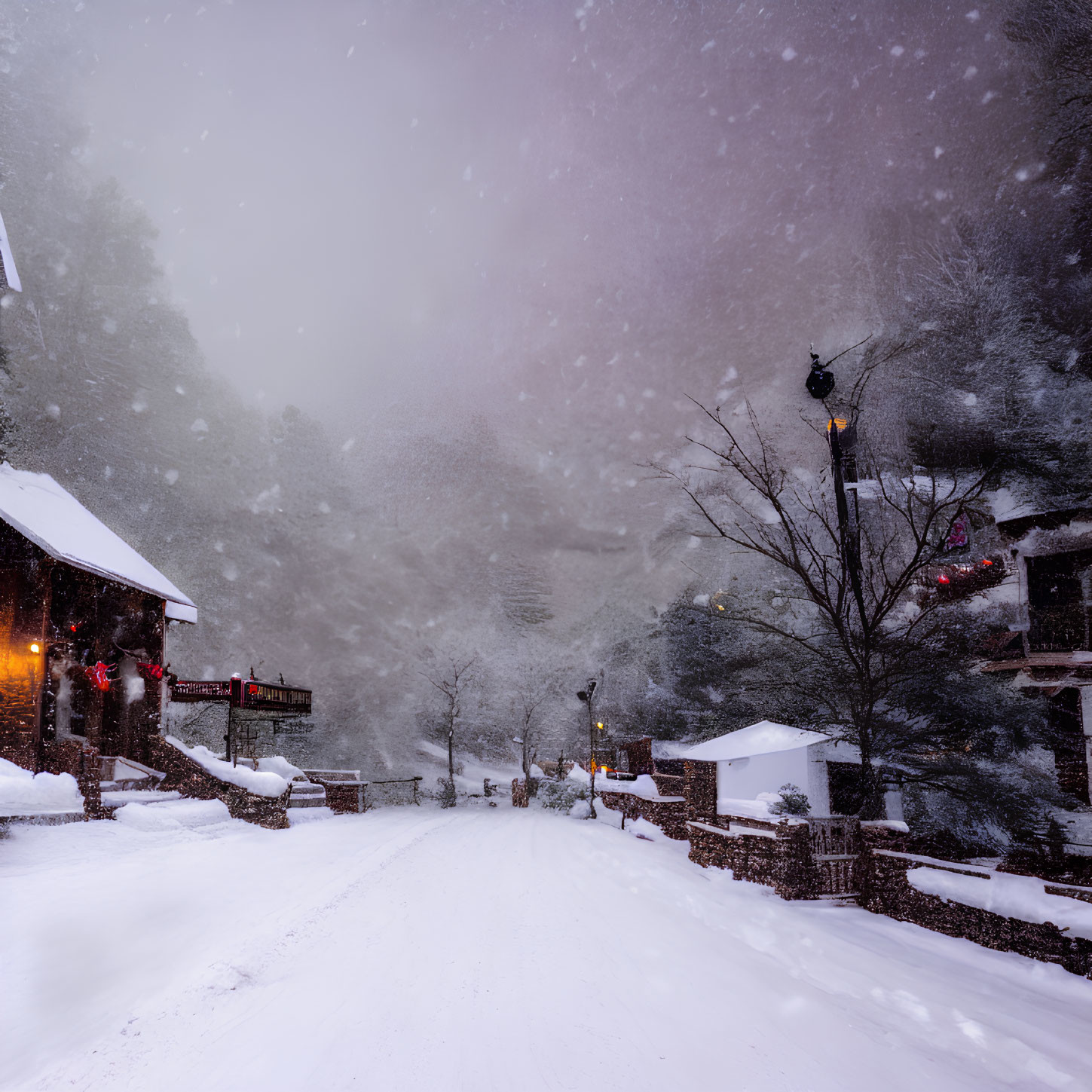 Snow-covered street with rustic buildings and overcast sky