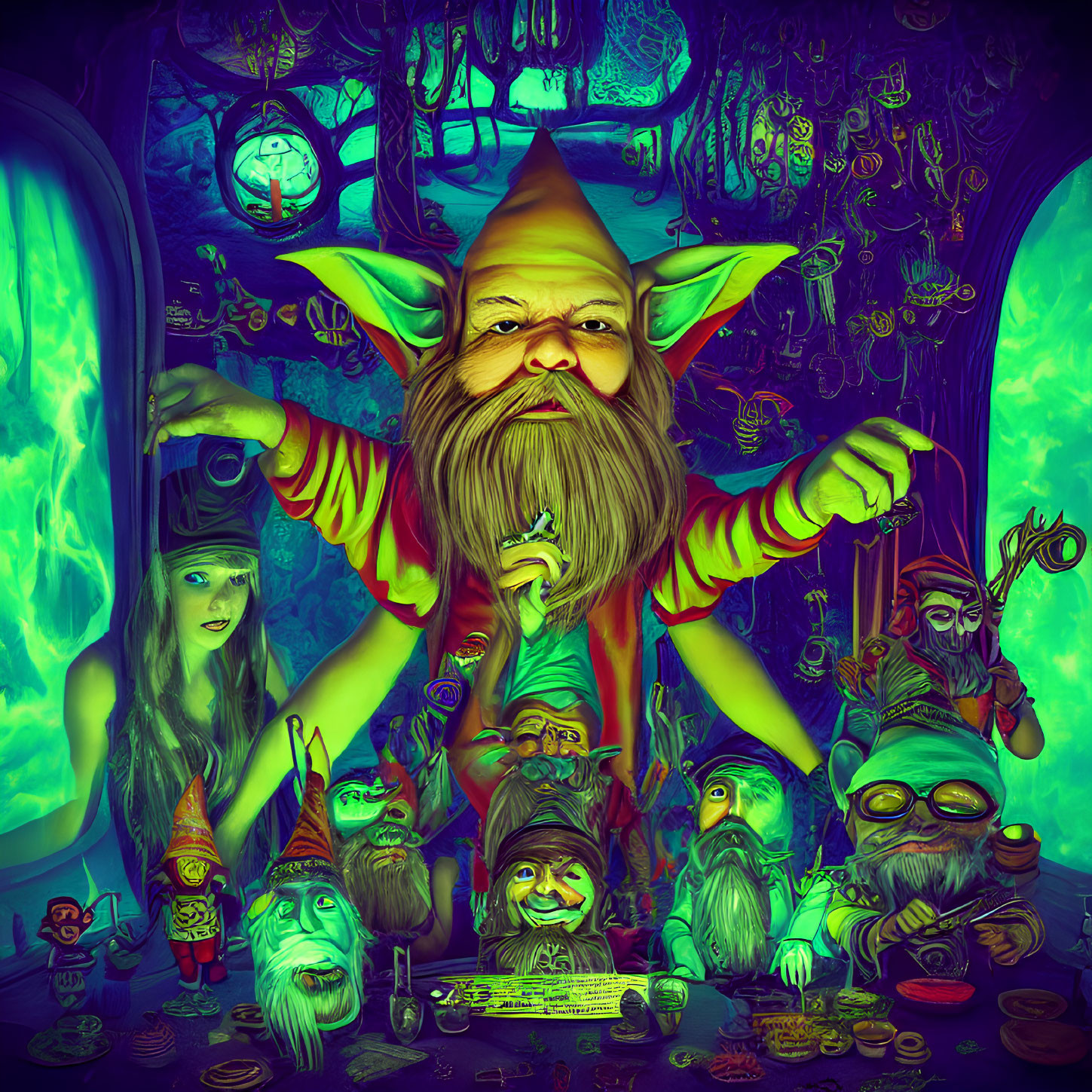 Colorful, Magical Workshop Scene with Elf and Intricate Details