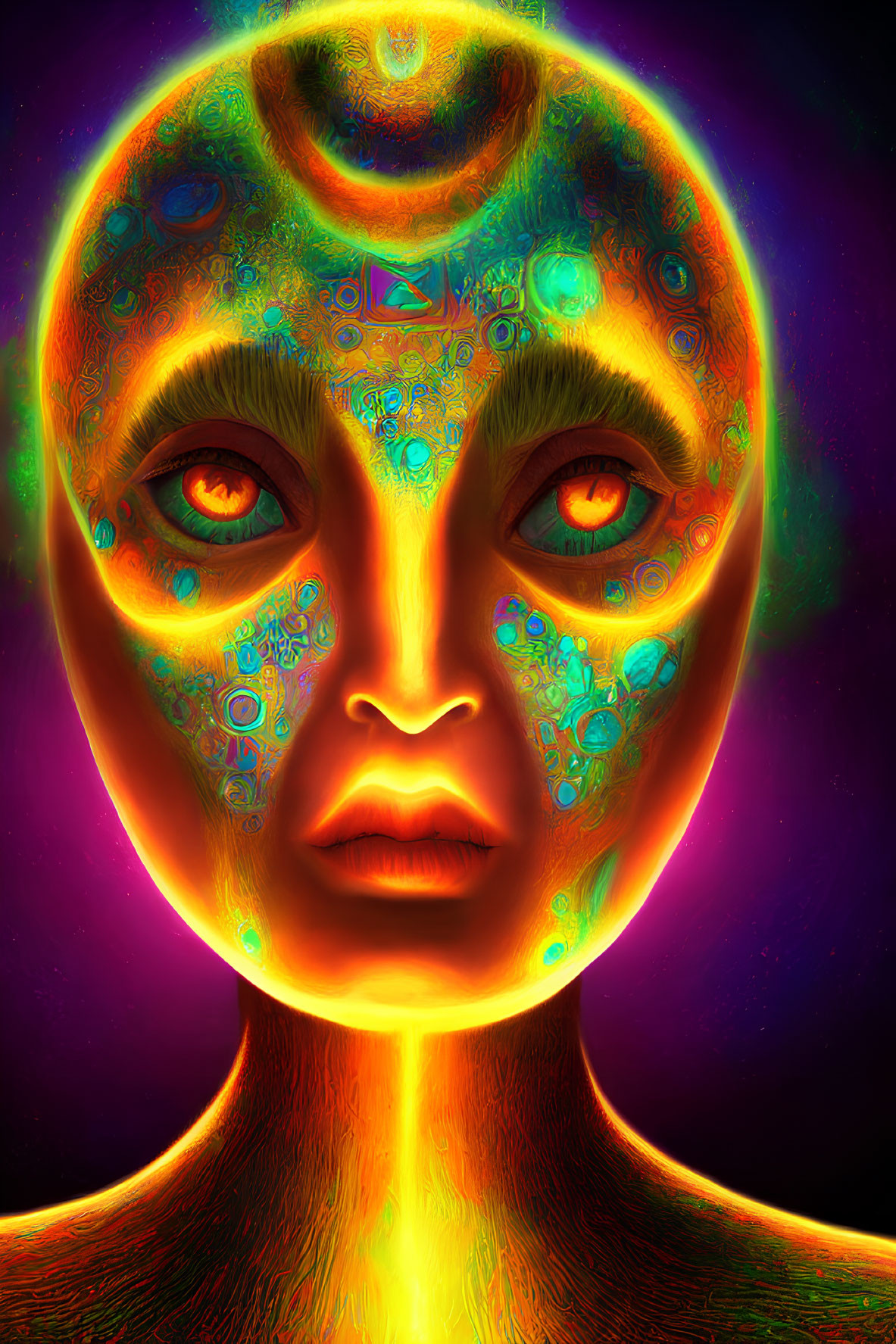 Colorful neon portrait of humanoid figure with glowing red eyes and fiery aura on dark background