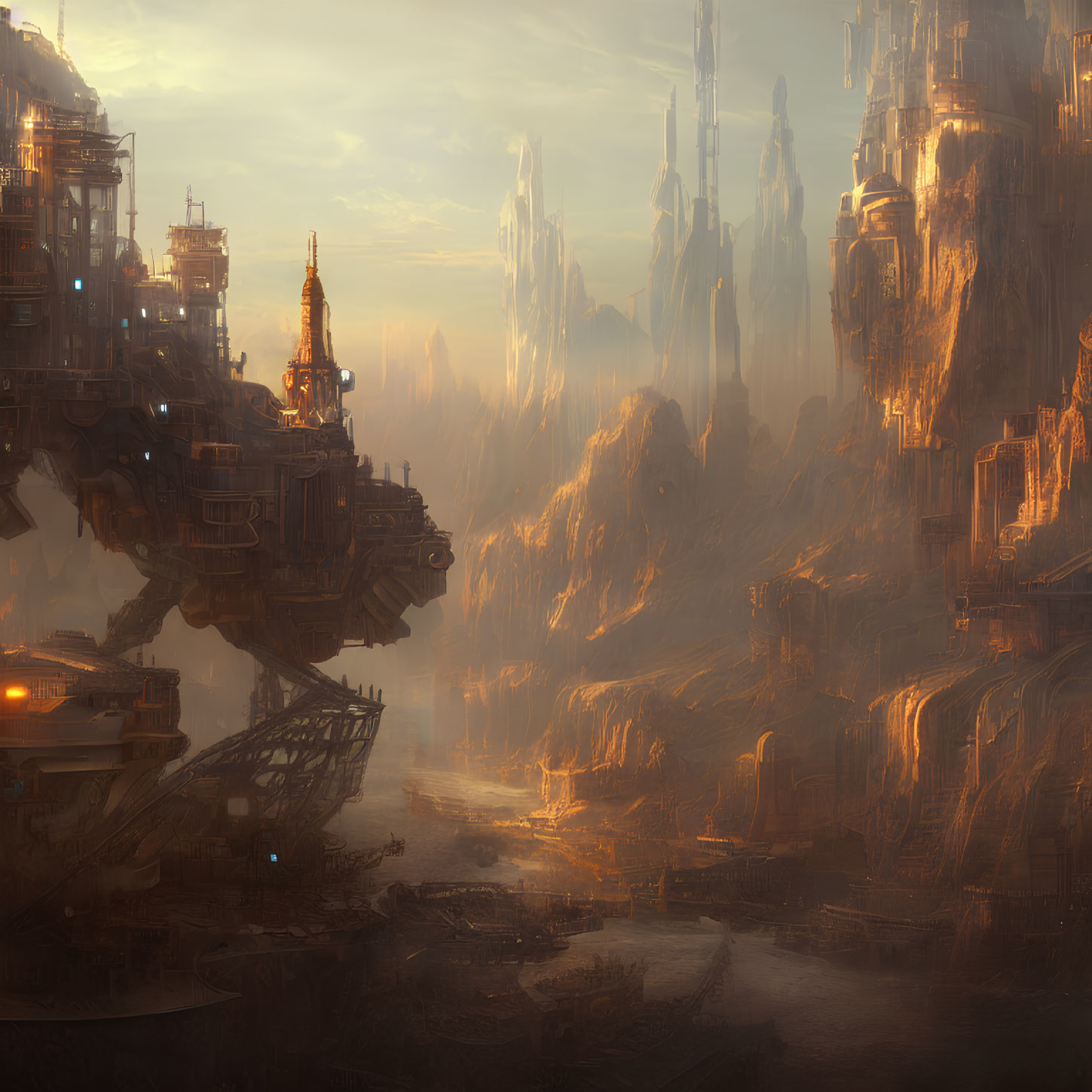 Futuristic cityscape with towering structures and cliffs in golden light