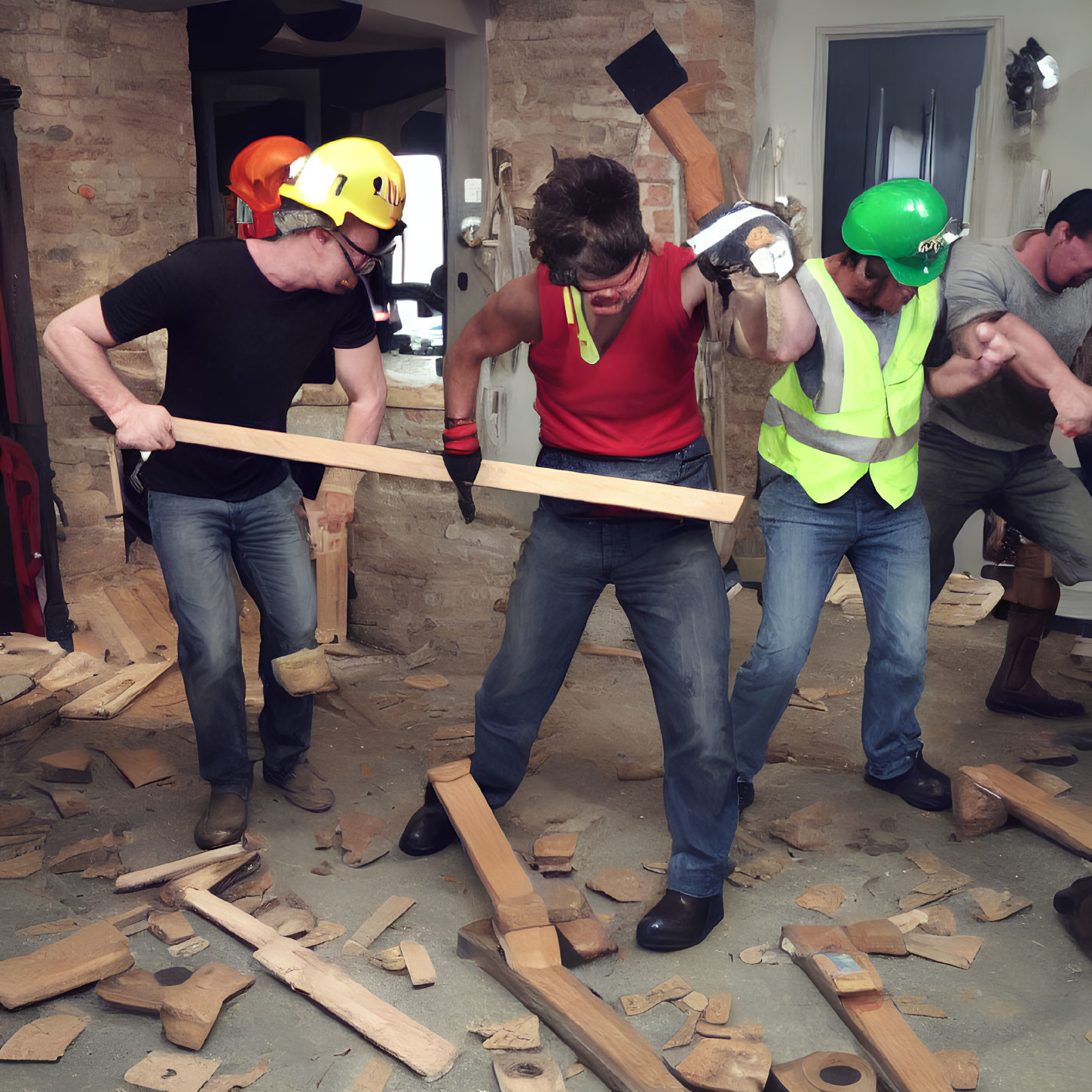 Construction workers demolishing wooden planks with sledgehammers in debris-filled room