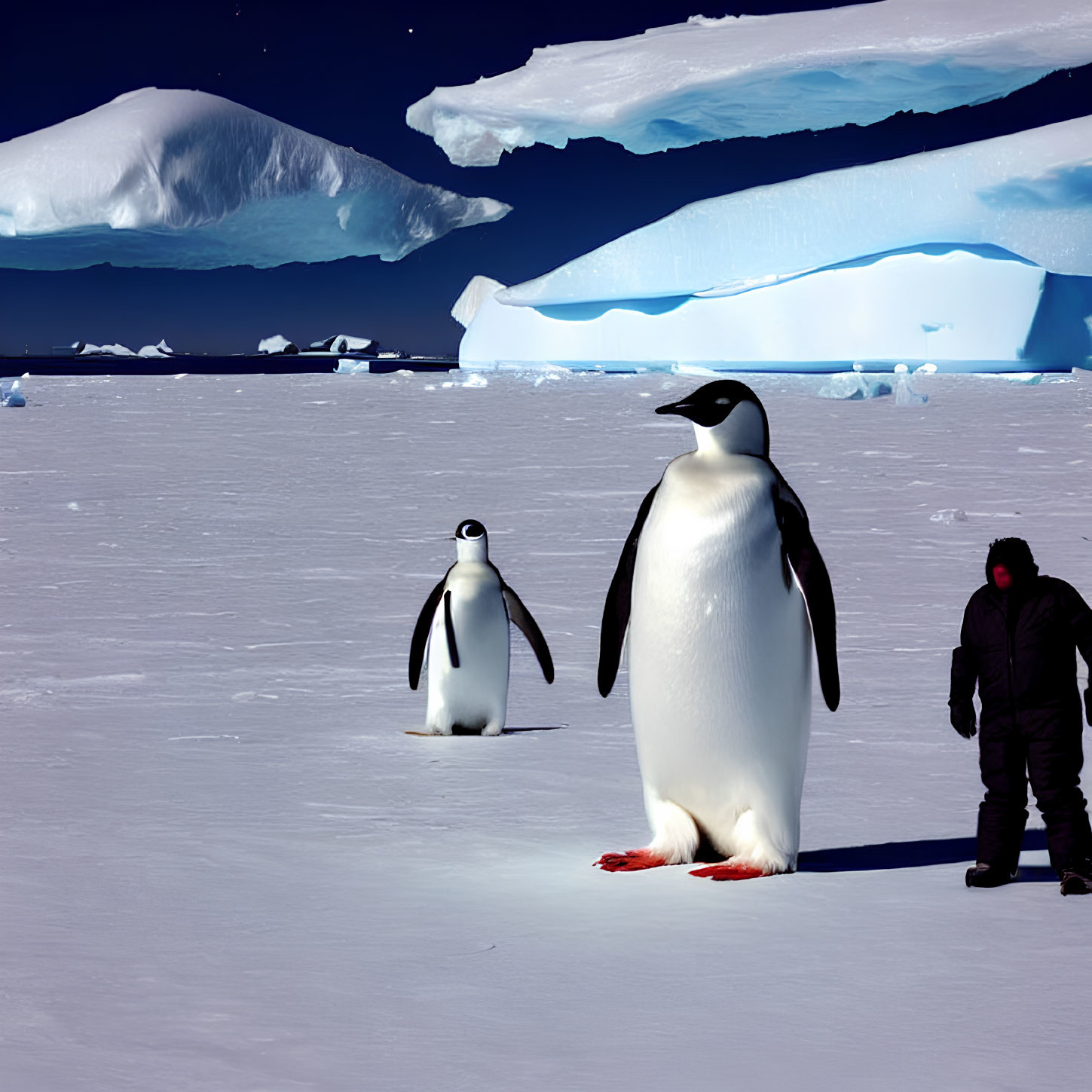 Two Penguins and Person on Snowy Landscape with Icebergs