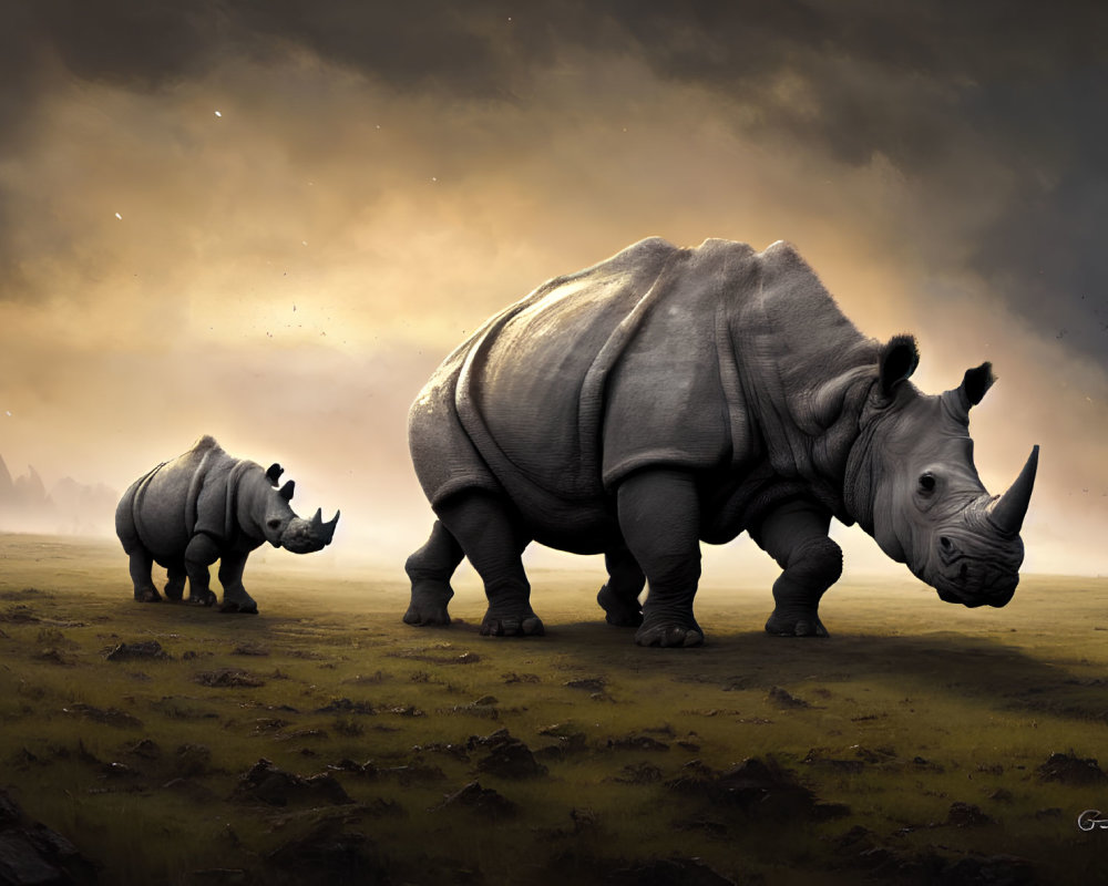Digital artwork: Two rhinoceroses on grassy field under dramatic sky