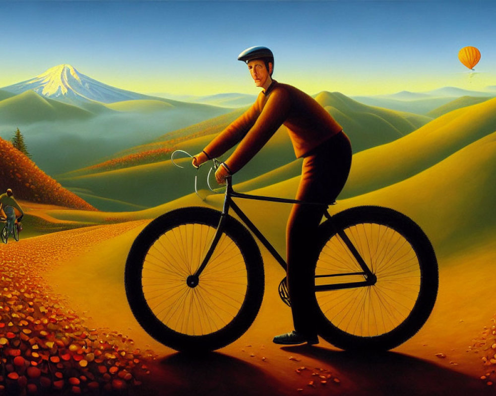 Cyclist with helmet on surreal hills landscape with mountain peak and hot air balloon.