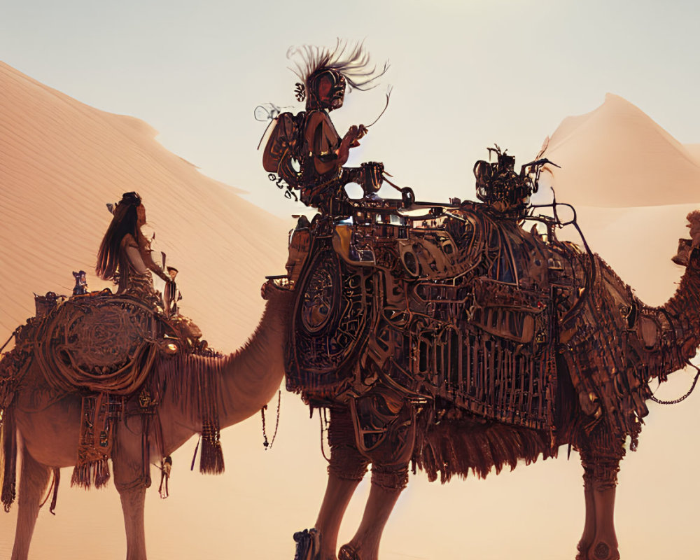 Mechanical camel and animal repair in desert scene