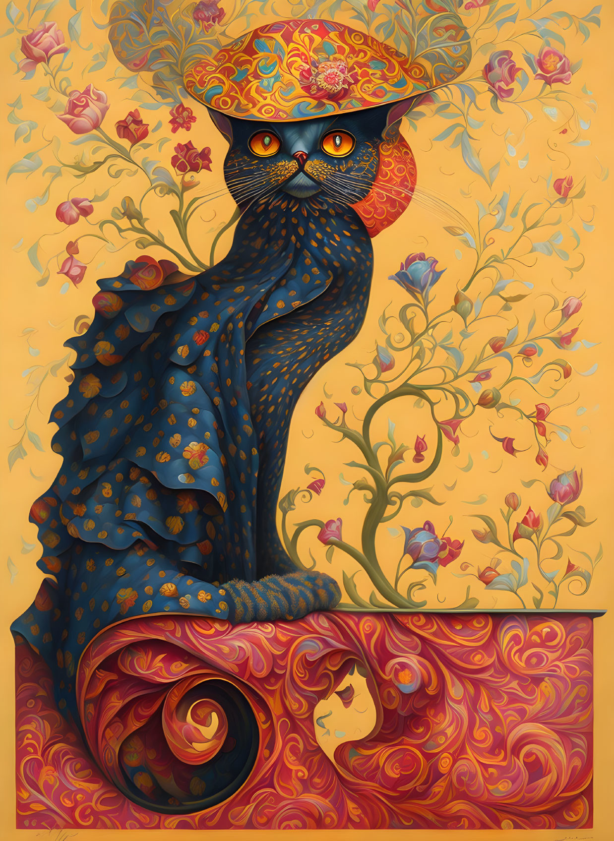 Illustrated cat with intense orange eyes in richly decorated hat on floral golden background