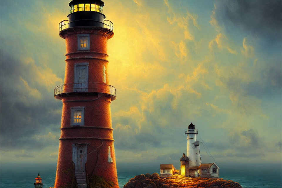 Digital artwork featuring two lighthouses on rocky outcrops under a moody sky