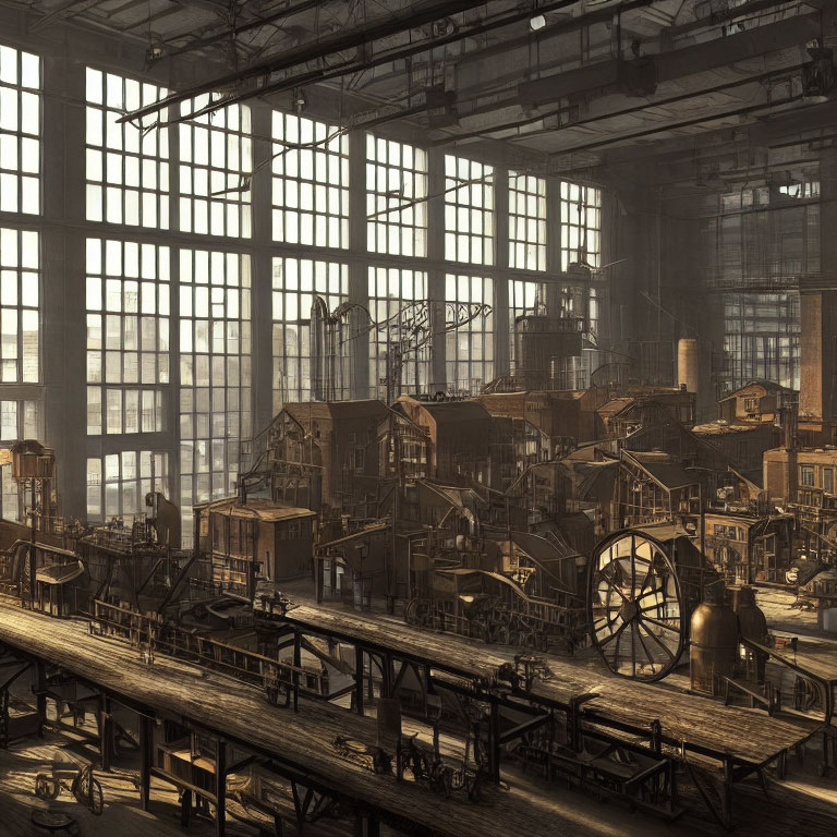 Vintage factory-style industrial interior with large windows and machinery in warm lighting
