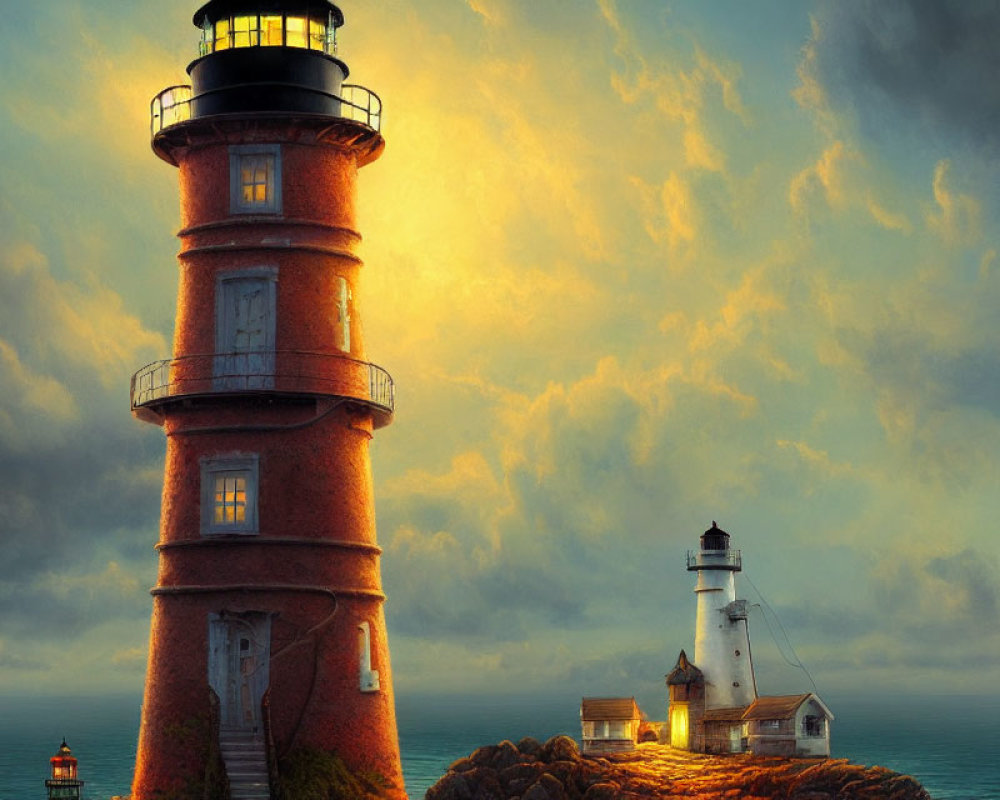 Digital artwork featuring two lighthouses on rocky outcrops under a moody sky