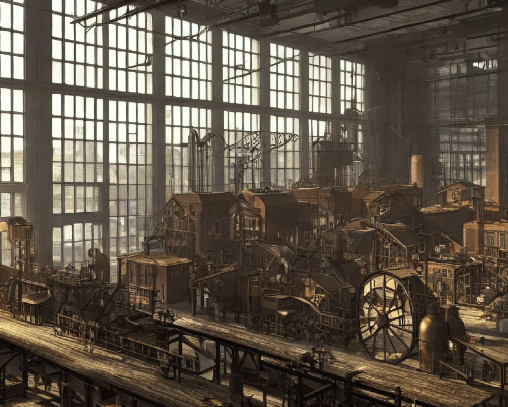 Vintage factory-style industrial interior with large windows and machinery in warm lighting