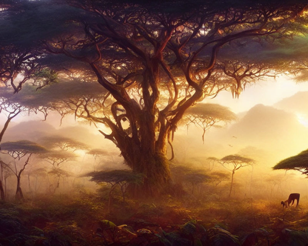 Majestic tree and wildlife in mystical forest at dawn