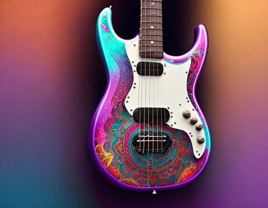 Vibrant electric guitar with psychedelic design on gradient background