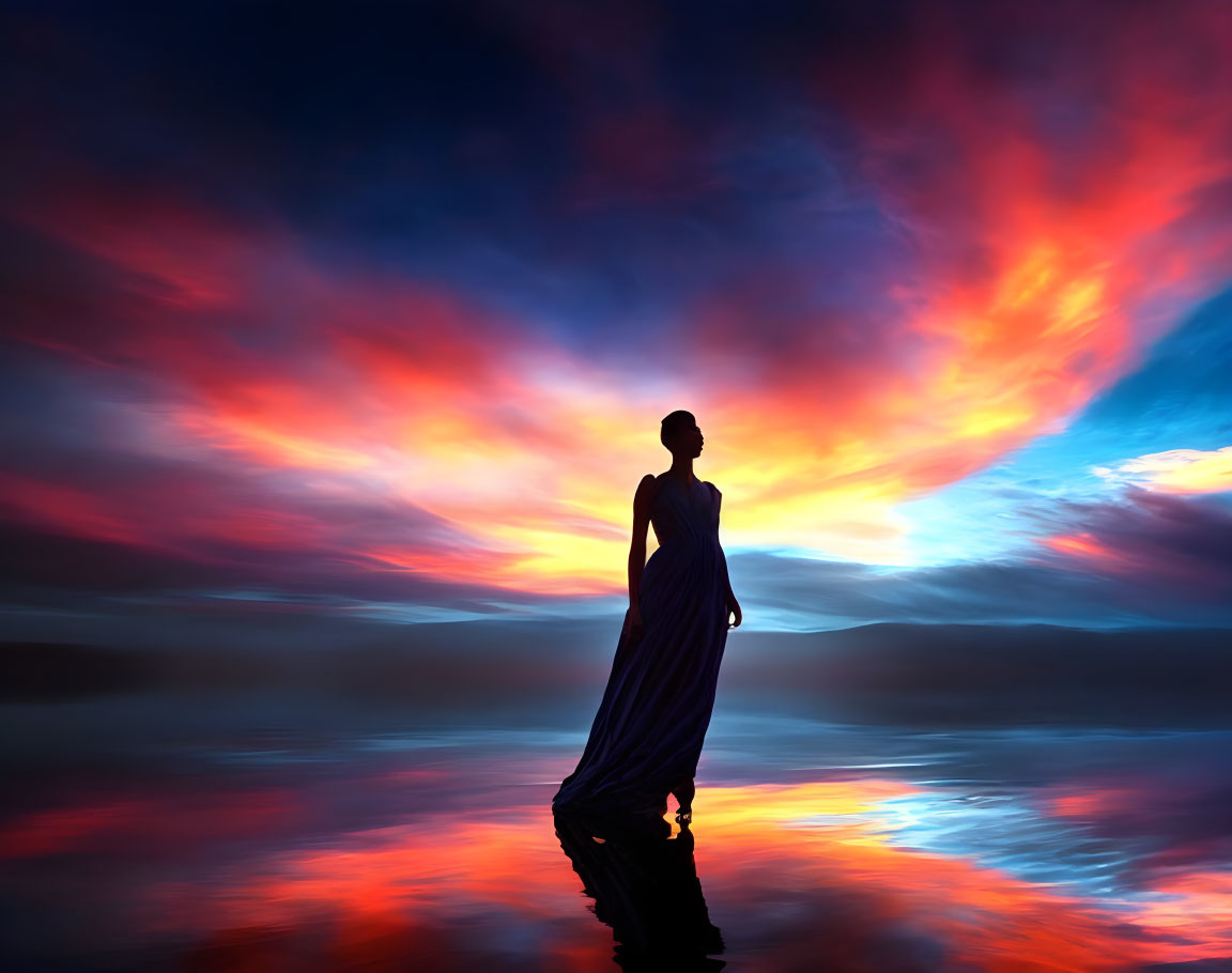 Silhouette of person in flowing dress against vibrant sunset with dramatic clouds reflected on water