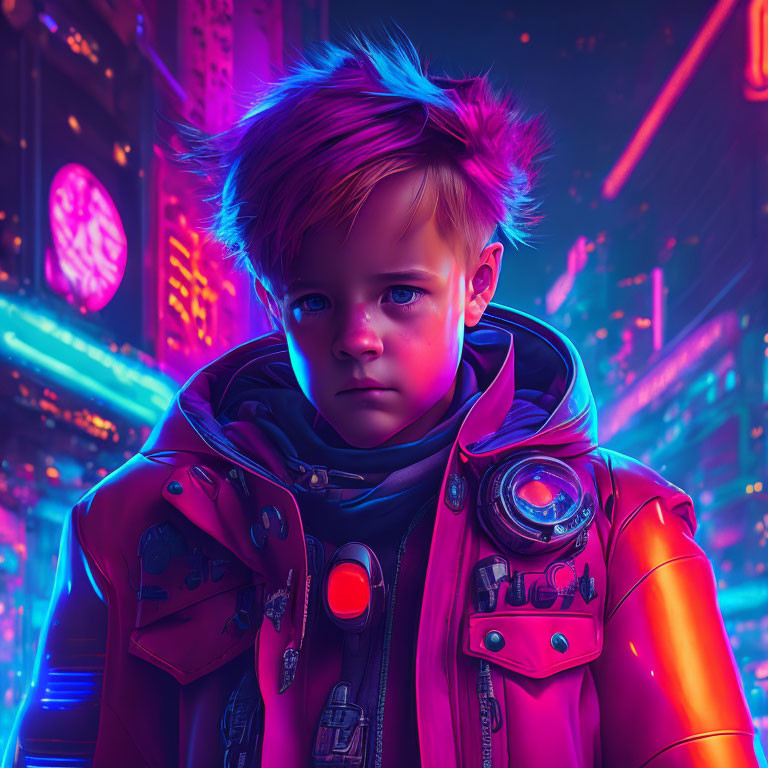 Intense gaze of young boy in futuristic jacket against neon-lit urban backdrop