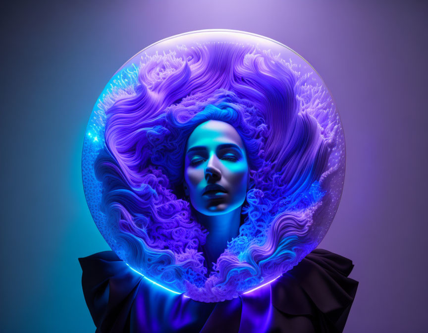 Surreal portrait of woman in circular frame with flowing hair patterns, blue and purple lights