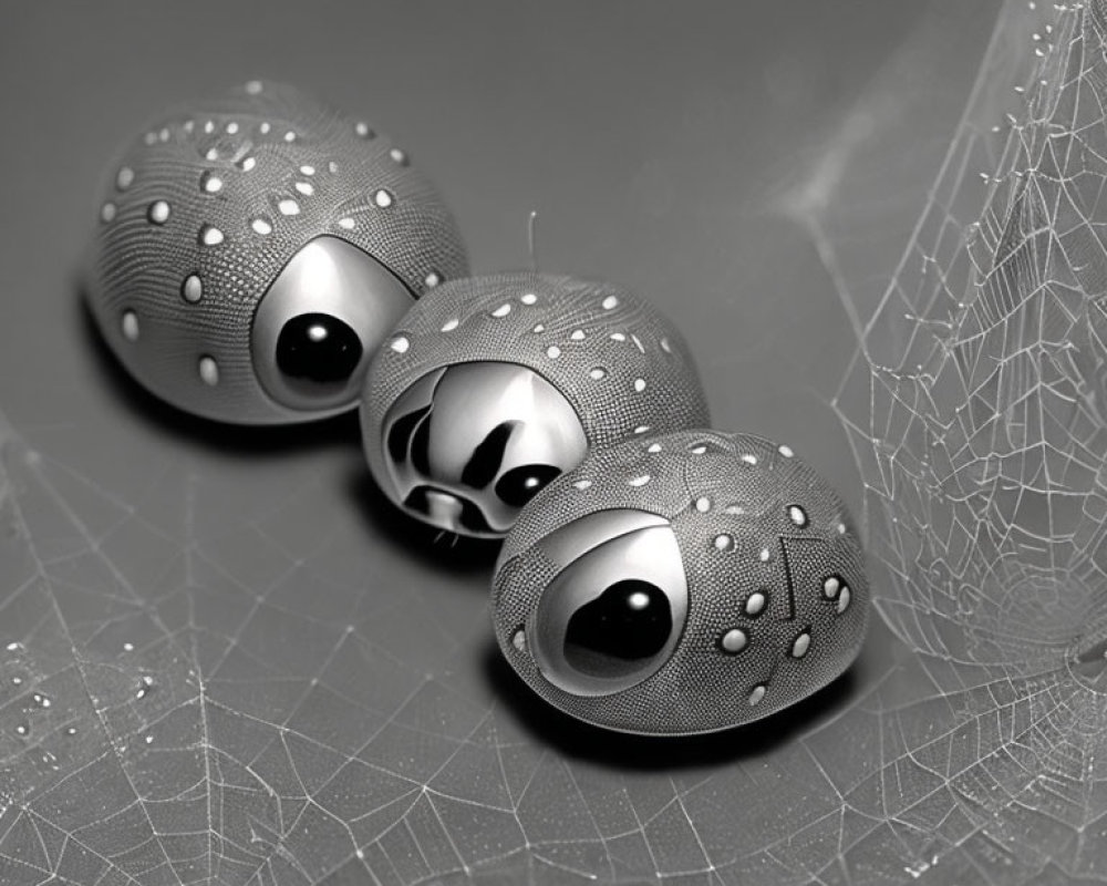 Futuristic metallic spheres with eye-like designs on textured surface with spider web