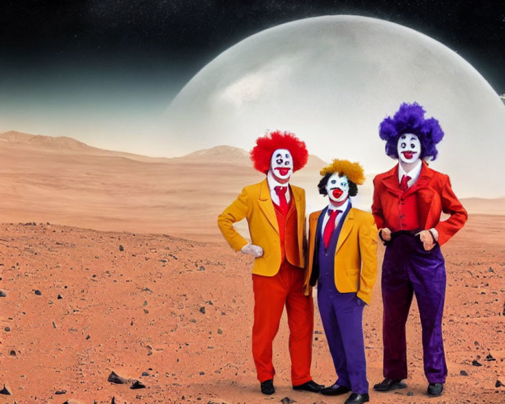 Colorful Clowns on Mars-like Surface with Moon