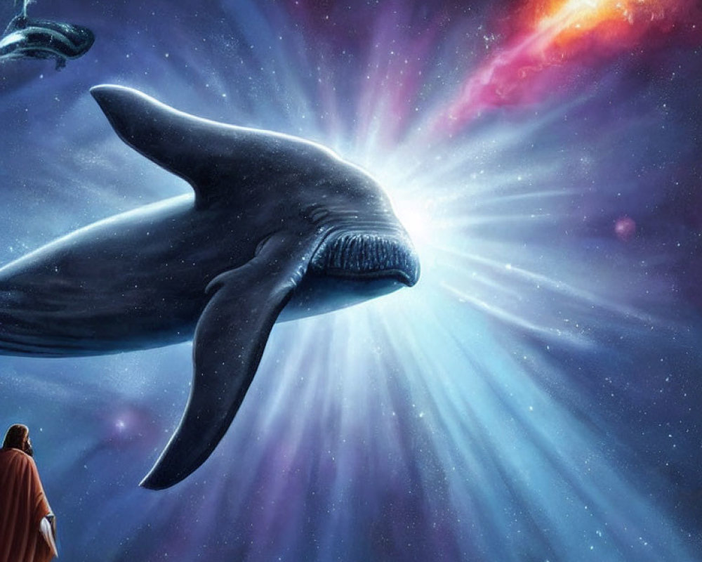 Robed figure gazes at gigantic whale in cosmic space