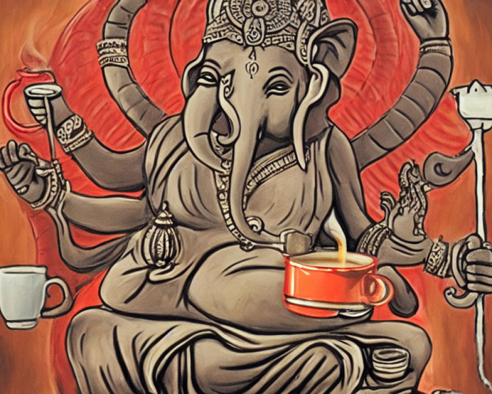 Vibrant portrayal of Hindu deity Ganesha with multiple arms and tea cup