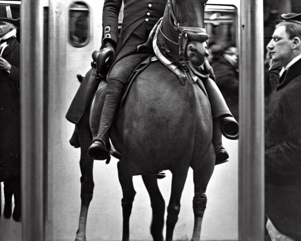 Black and white photo: Person on horseback in subway carriage with onlookers.