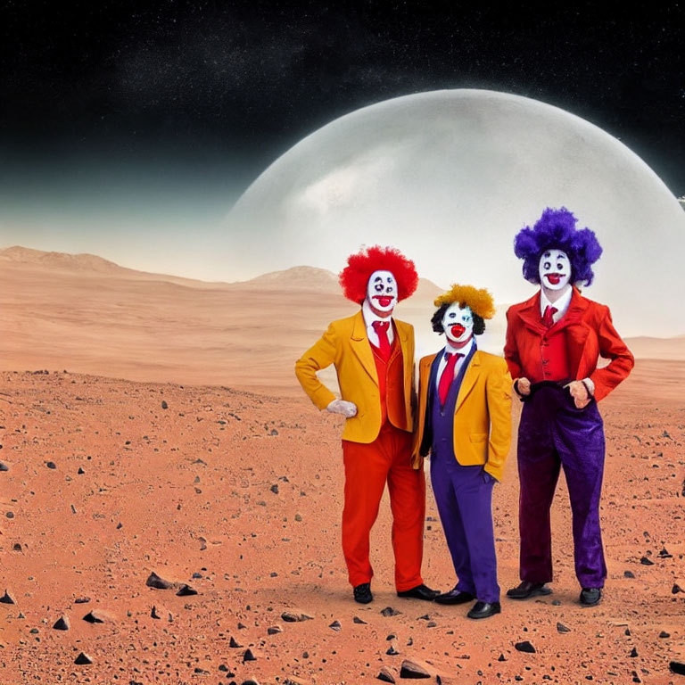 Colorful Clowns on Mars-like Surface with Moon