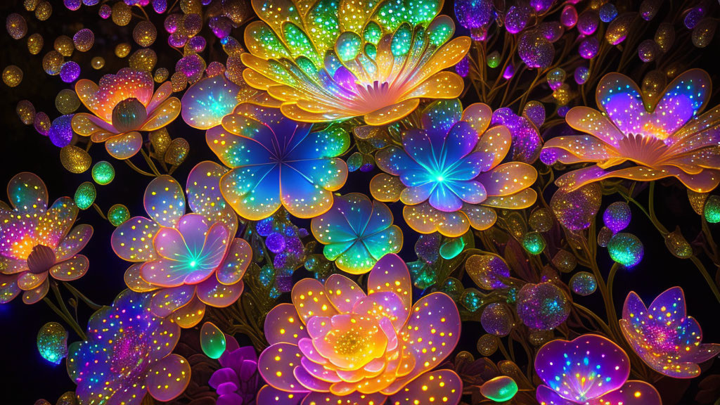 Colorful Illuminated Artificial Flowers on Dark Background