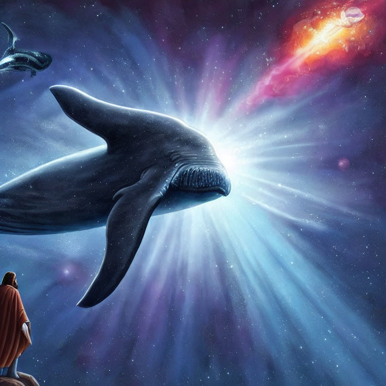 Robed figure gazes at gigantic whale in cosmic space