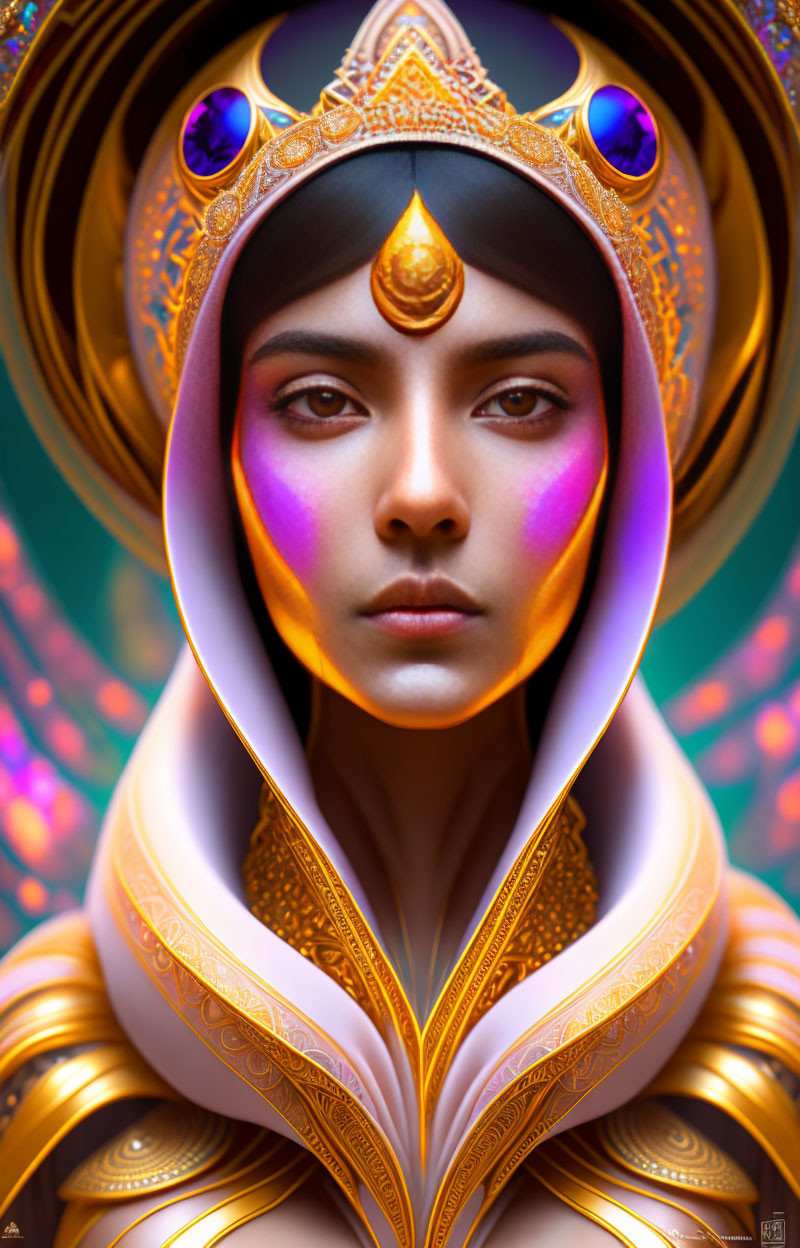 Ornate golden headgear woman portrait in regal attire on teal background