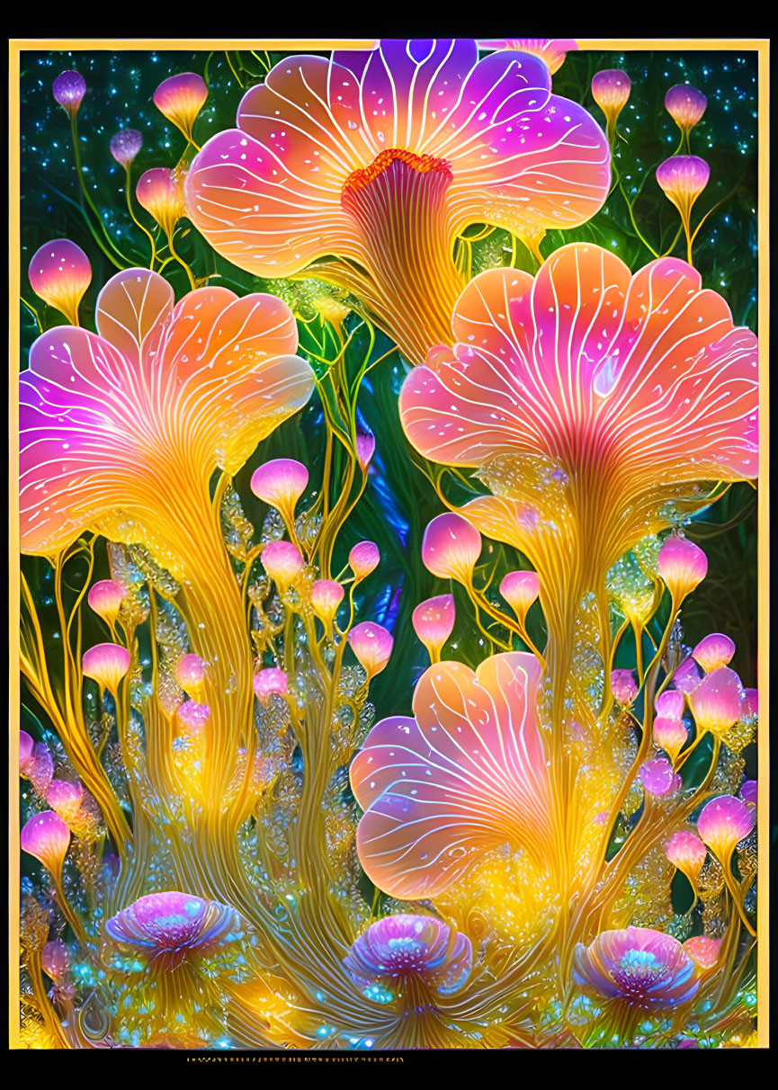 Colorful psychedelic jellyfish flowers on cosmic background