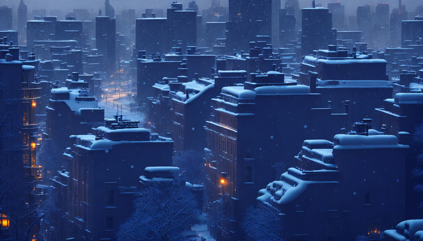 Snow-covered cityscape at night with illuminated buildings under twilight sky