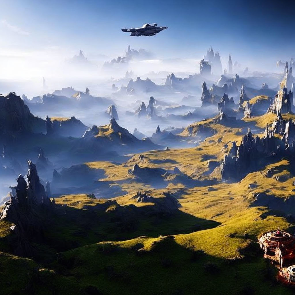 Fantastical landscape with rock formations, valley, futuristic structures, and spaceship.