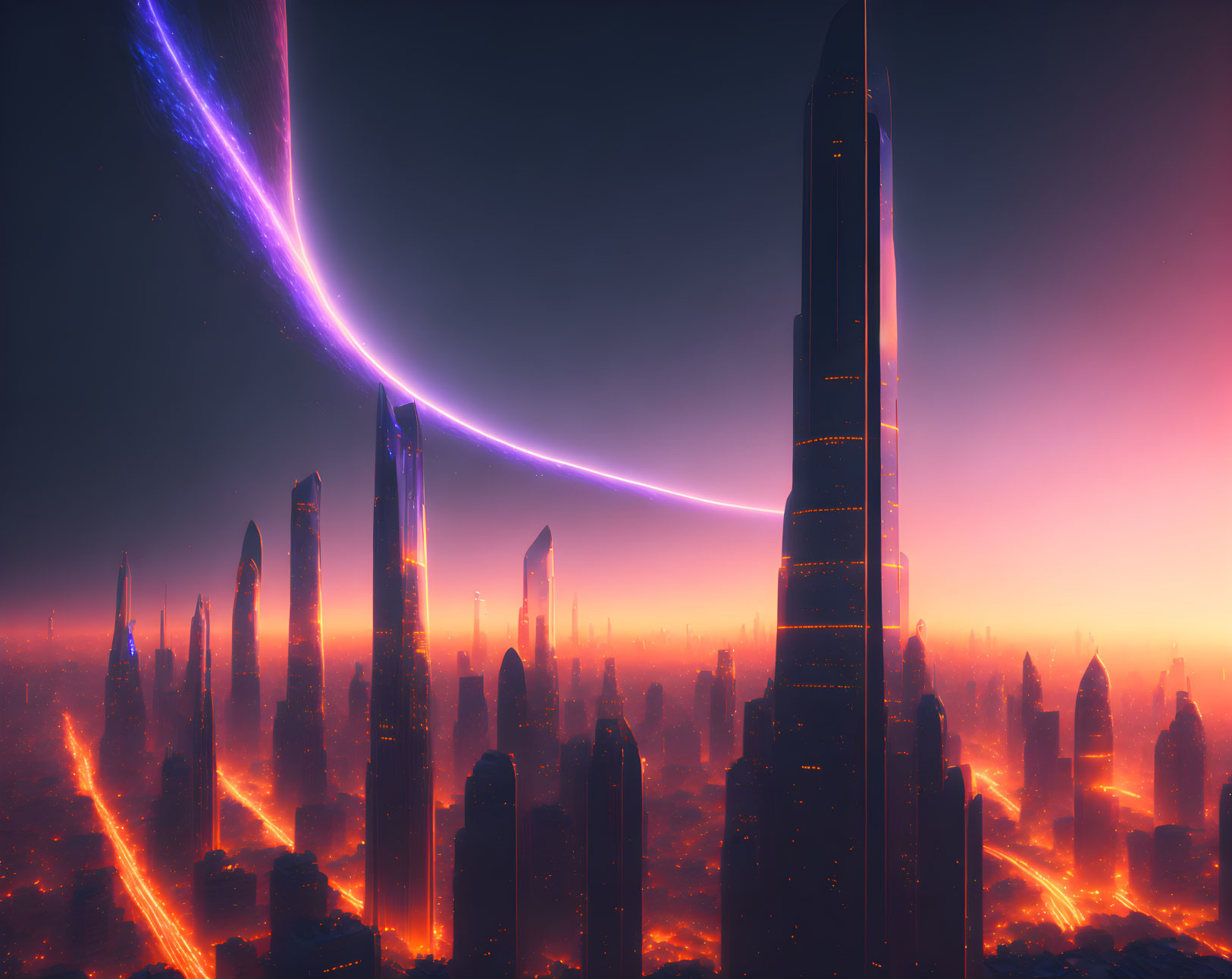 Futuristic cityscape with orange glow, towering skyscrapers, and blue neon arc