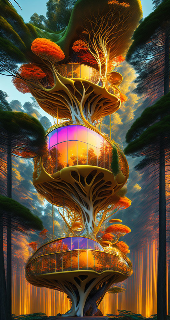 Fantastical glowing treehouse in colorful forest