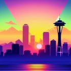 Colorful Seattle Skyline Illustration with Space Needle and Sunset Mountains