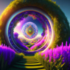 Vibrant digital art: swirling portal, purple and gold patterns, greenery, flowers, sunset