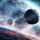 Asteroids near rugged, fiery planet in cosmic scene