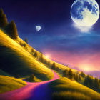 Twilight sky over grassy hillside with oversized moon