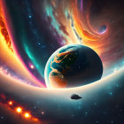 Colorful Cosmic Scene: Earth and Moon in Galaxy Background