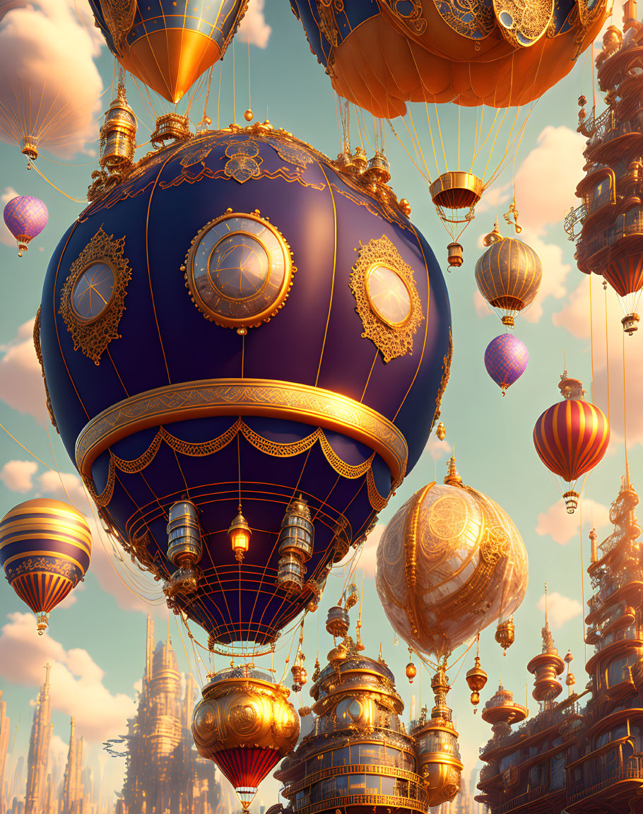 Fantasy illustration: Ornate airships and floating cities in golden sunlight.