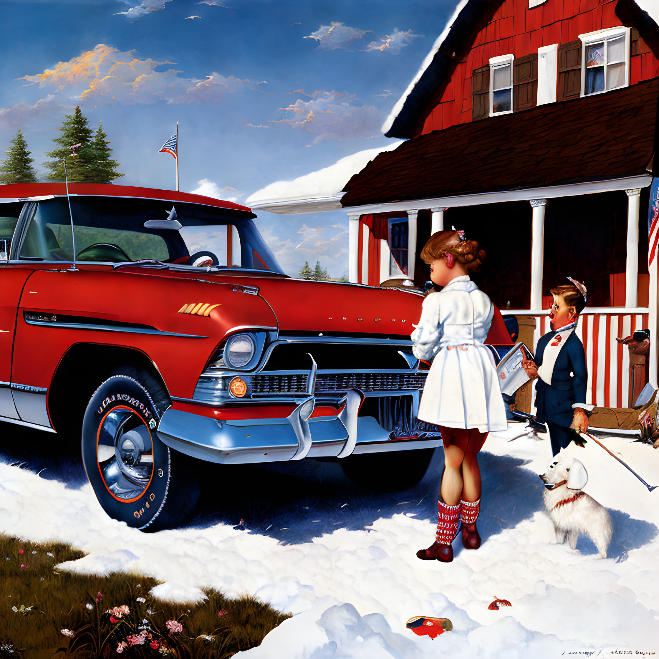 Vintage Red and White Car with Children and Dog by Red House