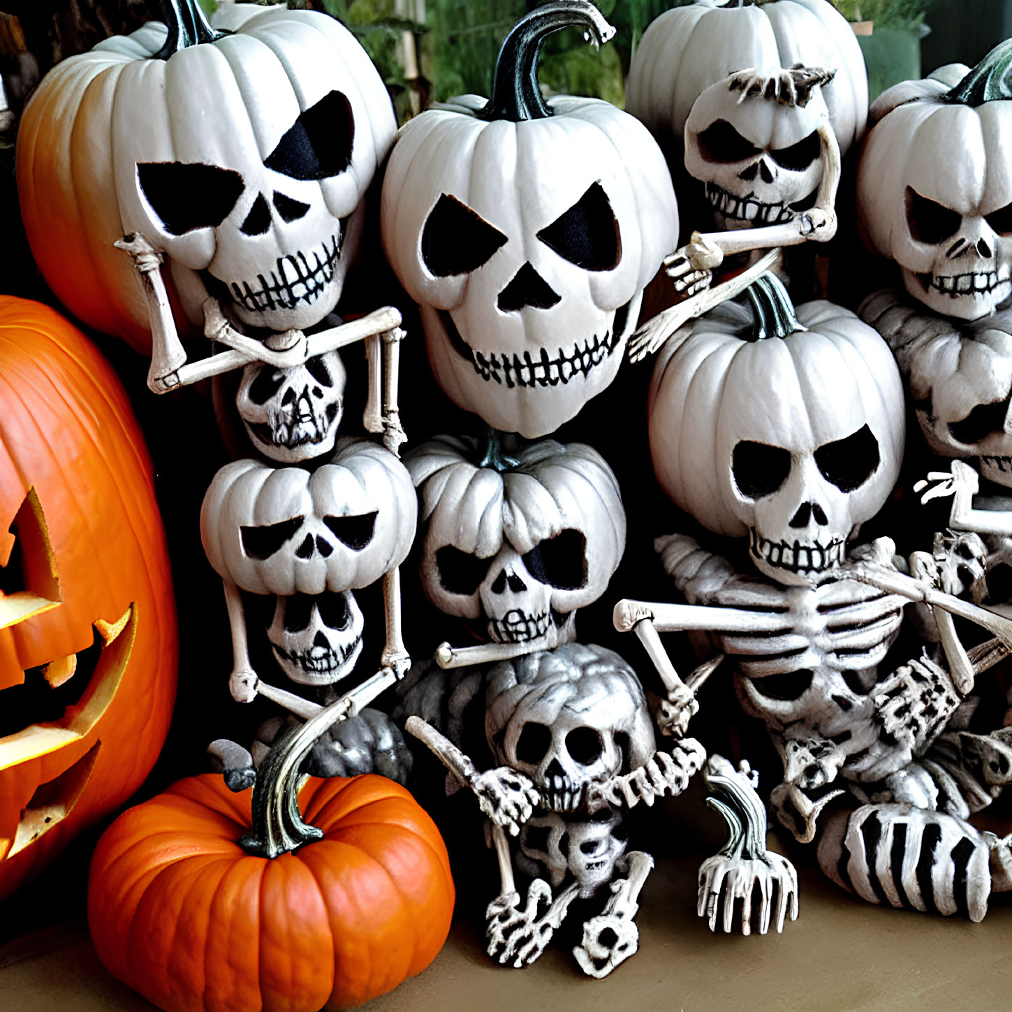 Skeleton Figurines with Jack-o'-lantern Heads and Carved Pumpkin Display