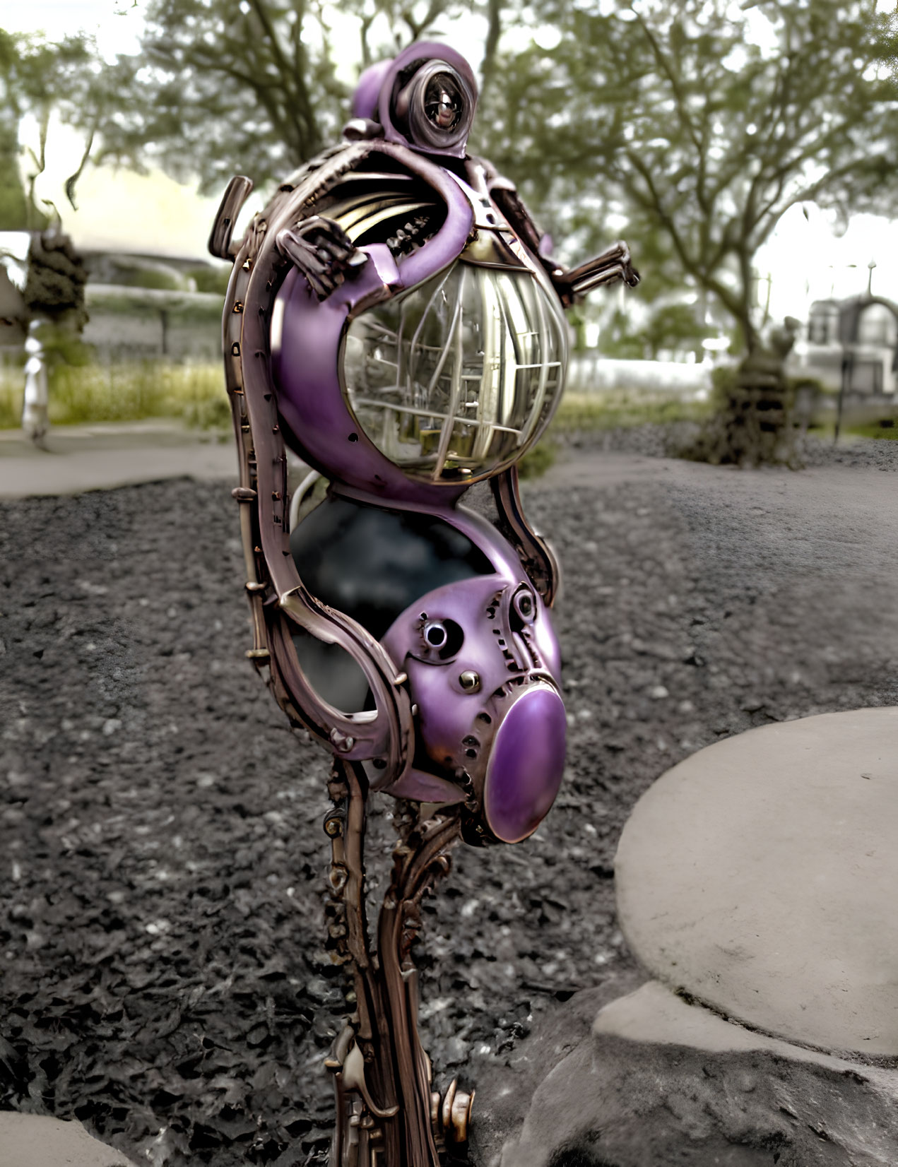 Steampunk-style humanoid seahorse sculpture with brass and purple finishes, cogs, and glass