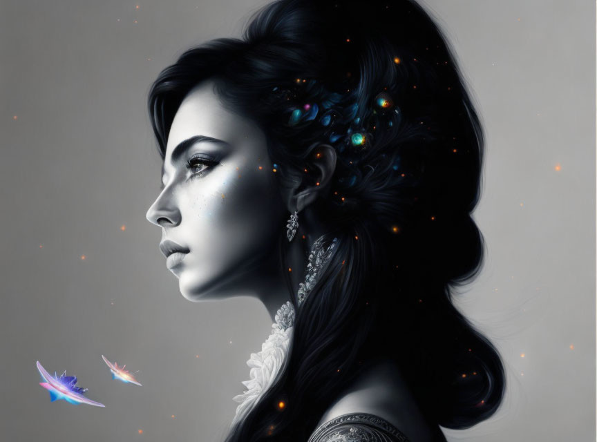 Monochrome portrait of a woman with cosmic elements and butterflies