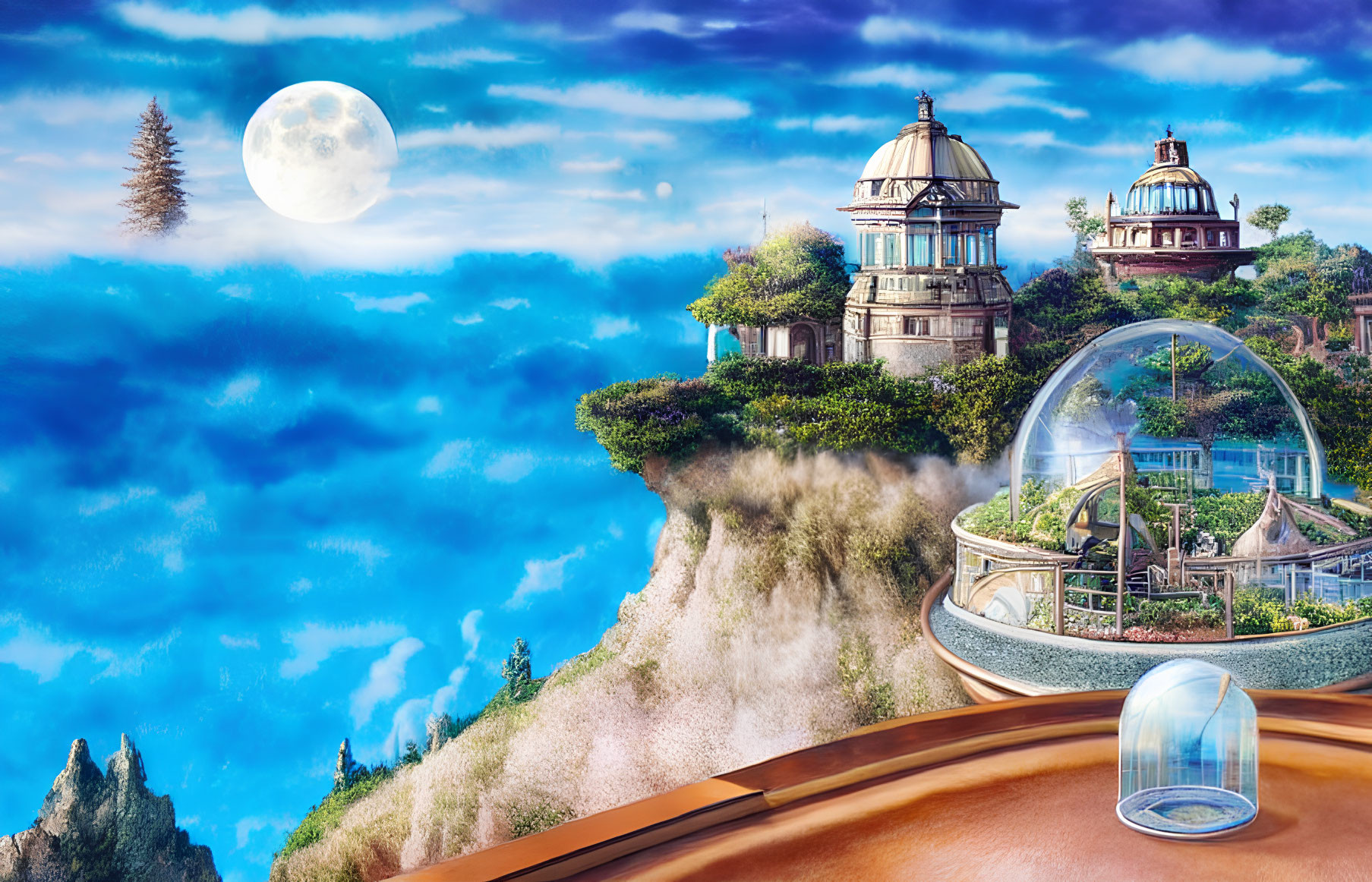 Fantasy landscape with cliff-top domed buildings under a full moon, transparent bubble structure, and cloudy
